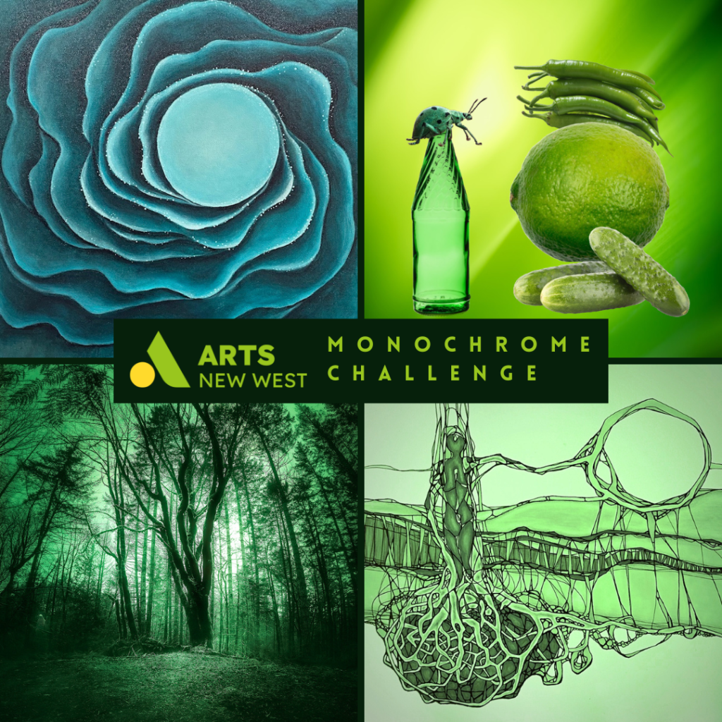 Four images in monochrome green occupy each corner. ON the top left an abstract wave of teal green wraps around a circular centre piece. ON the top right a dark green bug sits atop a green bottle looking over at a pile of green fruits: Pickles, Beans, and a lime. On the bottom left a photograph of a forest with the hue shifted entirely to deep green. And on the bottom right an abstract tree and roots grow into the wriggly lines of the earth. Green text on a dark green background reads: Monochrome Challenge.