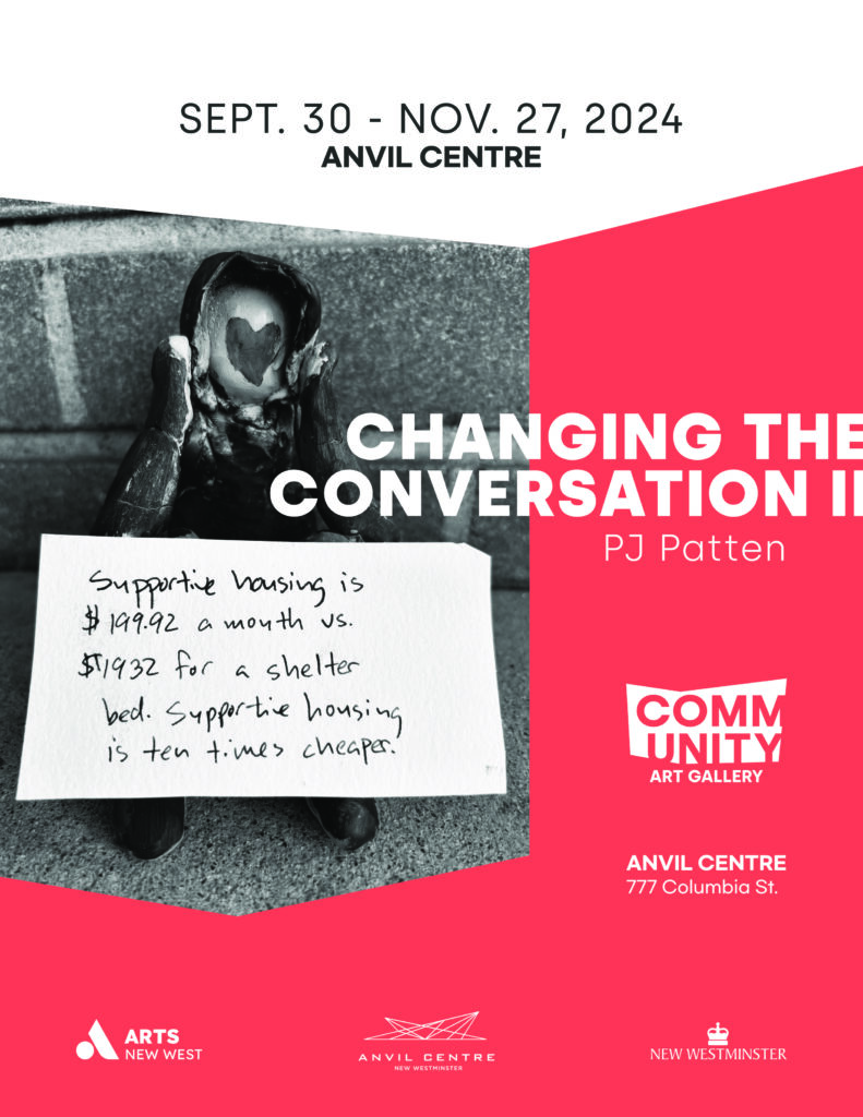 White text on a pink background next to a black and white photo of someone kneeling behind a white sign reads: Changing the Conversation 2. The Community Art Gallery, Arts New West, Anvil Centre, and City of New West logos are featured