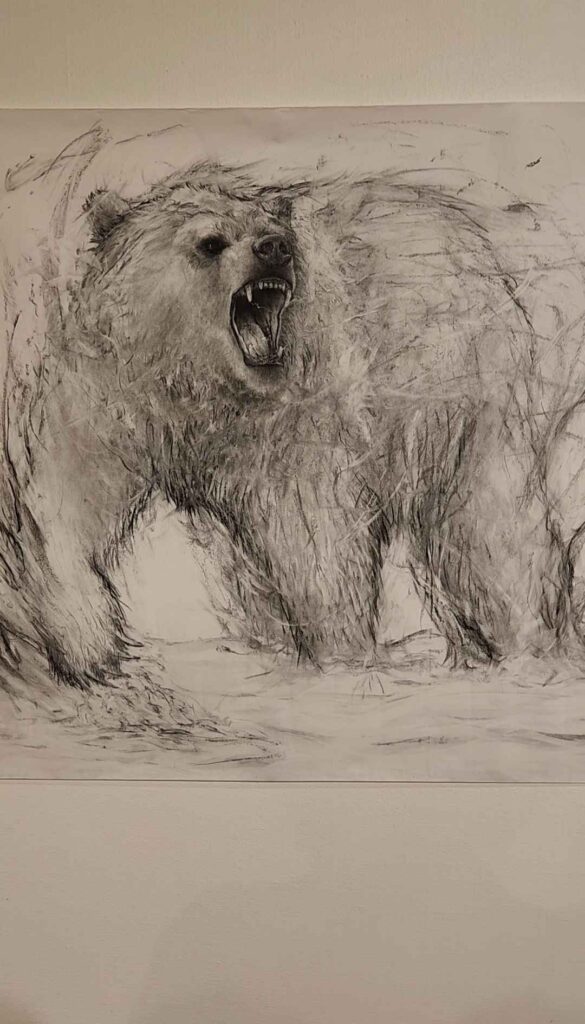 A charcoal depiction of a bear roaring through a sketchy water landscape