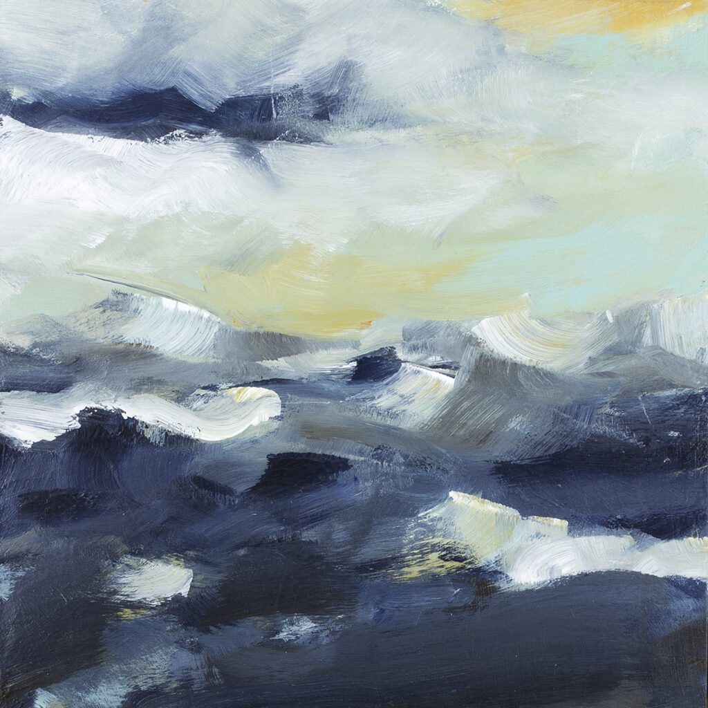 Short choppy lines of paint create turbulent dark blue waters beneath a white cloud and light blue sky. Artist Victoria Klassen