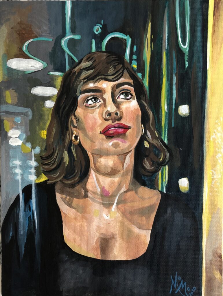 A painting of a woman with dark hair and bright red lips looks upwards. She is wearing a black long sleeved shirt and golden hoop earrings. in the background there are white and blue light effects. Artist Monica Moscoso