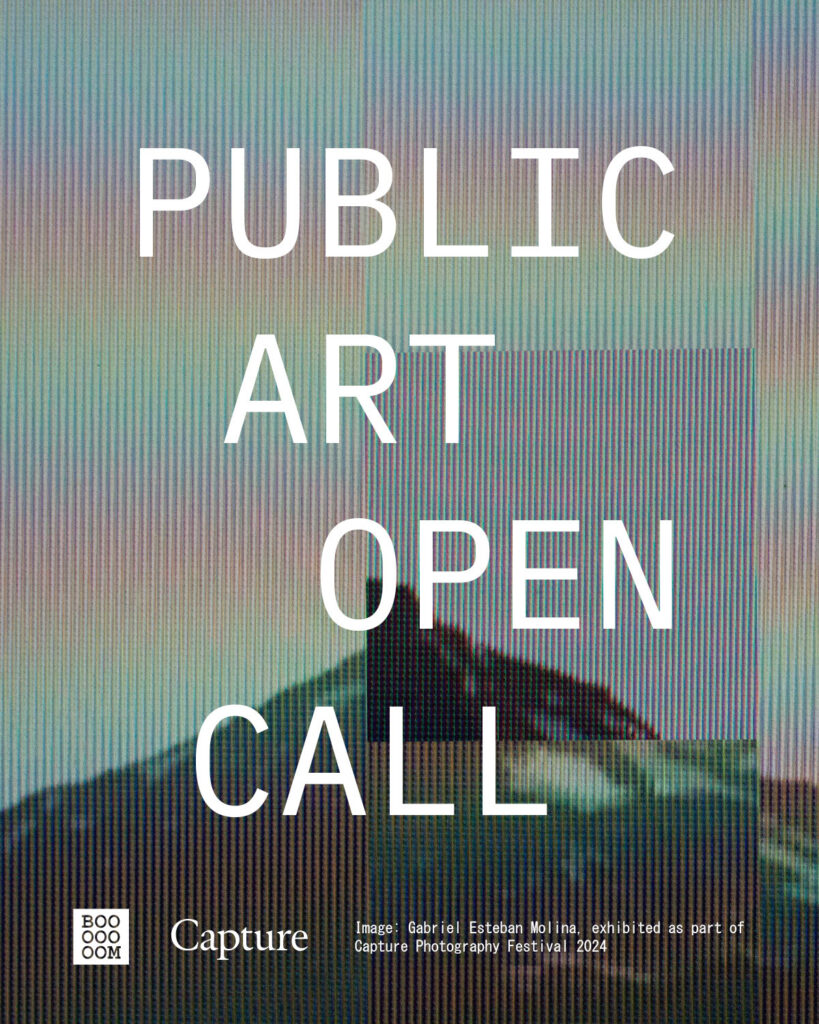 A pixelated mountain landscape. White text reads: Public Art Open Call.