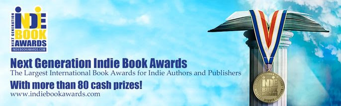 A book lies open on a pillar with a gold medal between the pages. Blue text reads: Next Generation Indie Book Awards