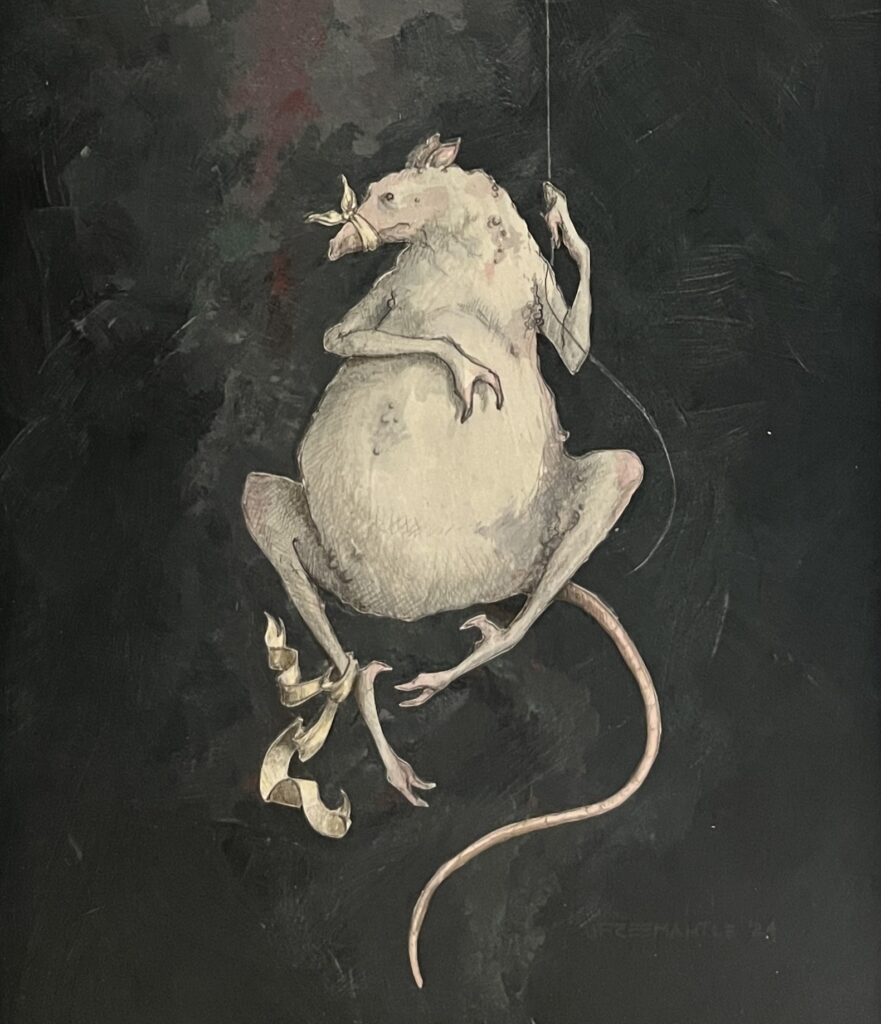 A large white rat sits suspended in black space.