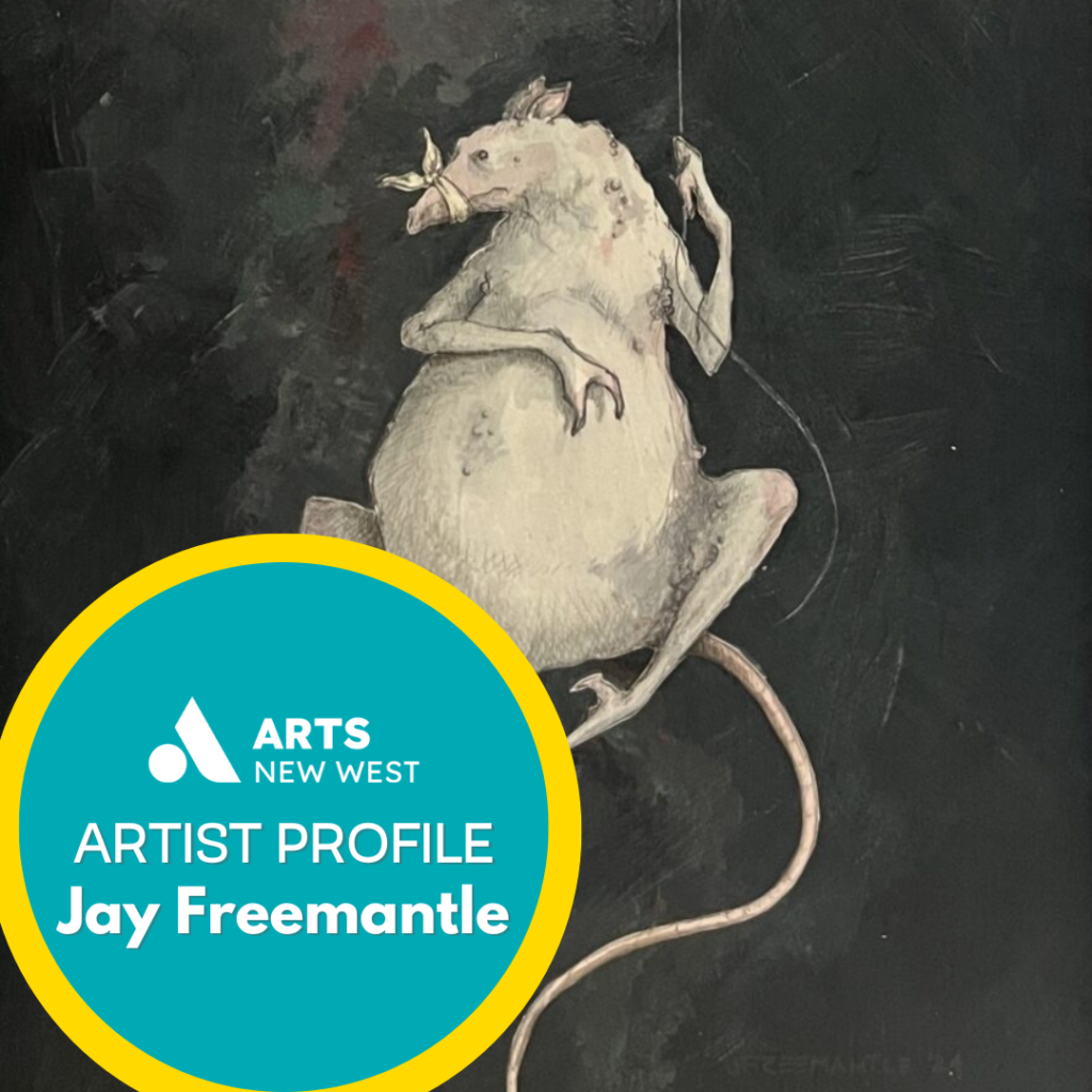 A white mouse holds onto a thin string, it's snout is bandaged as it floats in a black, empty space. White text inside a teal circle reads: Artist Profile Jay Freemantle