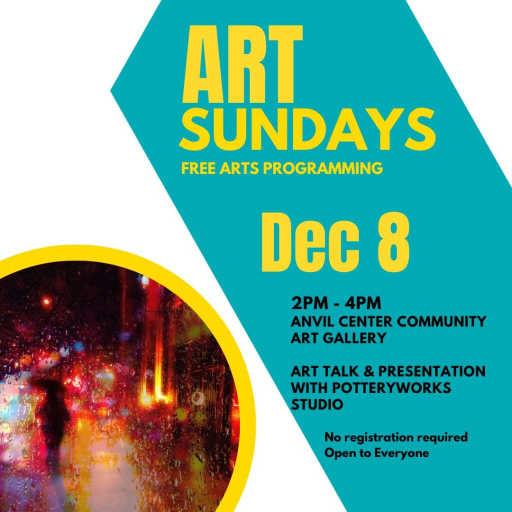 yellow text on a teal swipe reads: Art Sundays, free art programming. December 8, 2 to 4 PM.