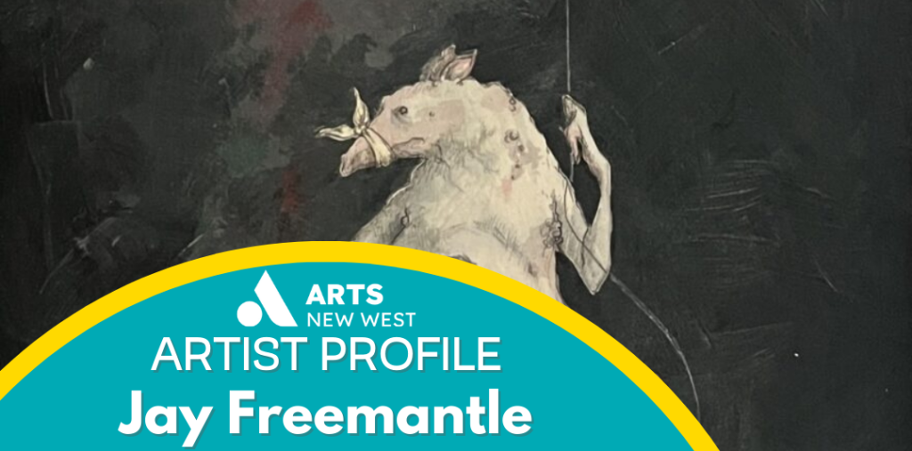 A white mouse holds onto a thin string, it's snout is bandaged as it floats in a black, empty space. White text inside a teal circle reads: Artist Profile Jay Freemantle