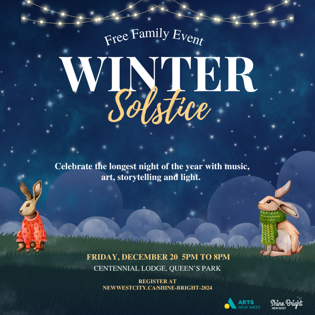 two hares wearing a red sweater and a green scarf sit on deep green grass beneath a dark and starry sky. White text reads: Free family event. Winter Solstice. Friday, December 20