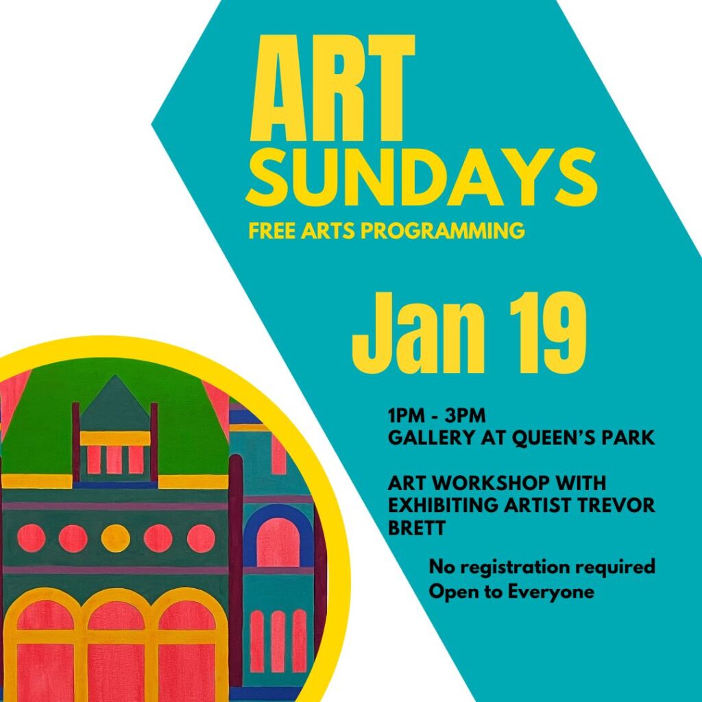 Brightly painted buildings in block, primary colours form a city scape. Yellow text on a teal swipe reads: Art Sundays January 19. Art Workshops with Trevor Brett.