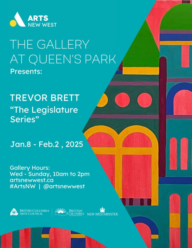 Brightly painted buildings in block, primary colours form a city scape. White text on a teal swipe reads: The Gallery at Queen's Park presents Trevor Brett "The Legislature Series"