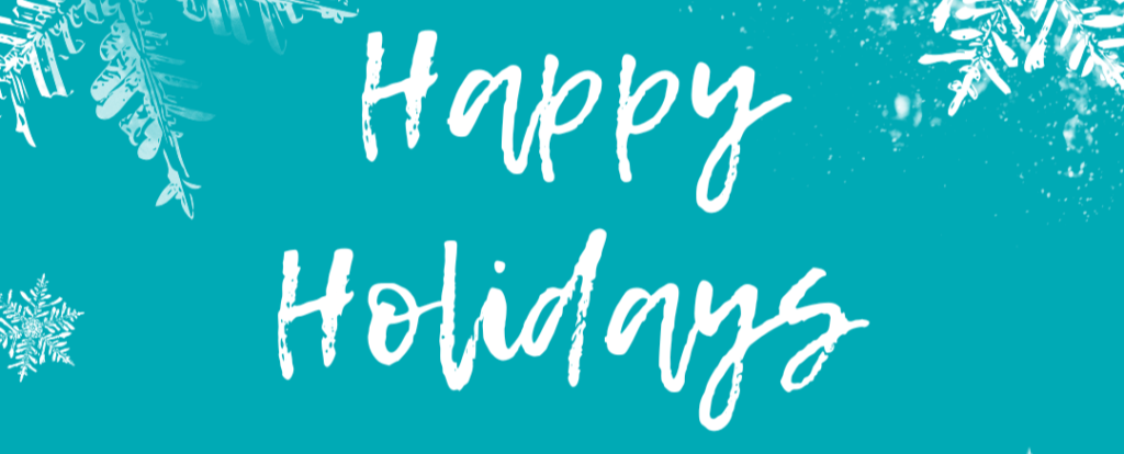 A teal square with white snowflake graphics. White and yellow text reads: Happy Holidays.