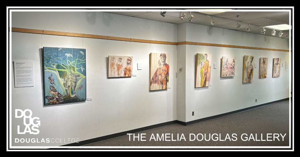 Colourful portraits hang on a white gallery wall. The Douglas College logo is featured.