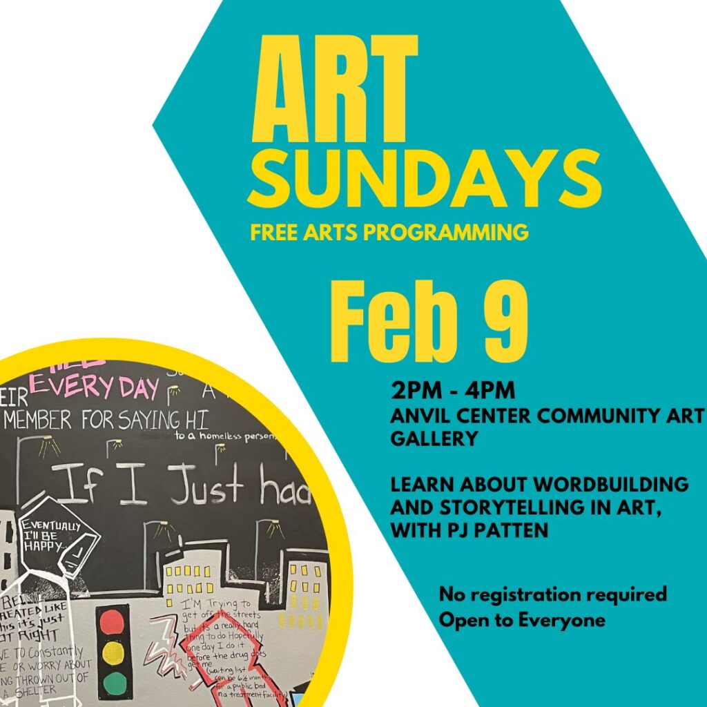 Yellow text on a teal swipe reads: Art Sundays February 9