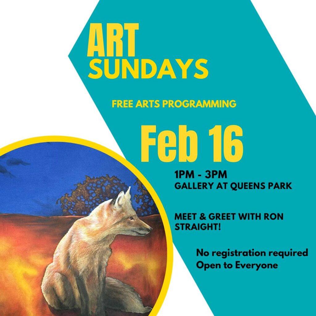 Yellow text on a teal stripe reads: Art Sunday, February 16