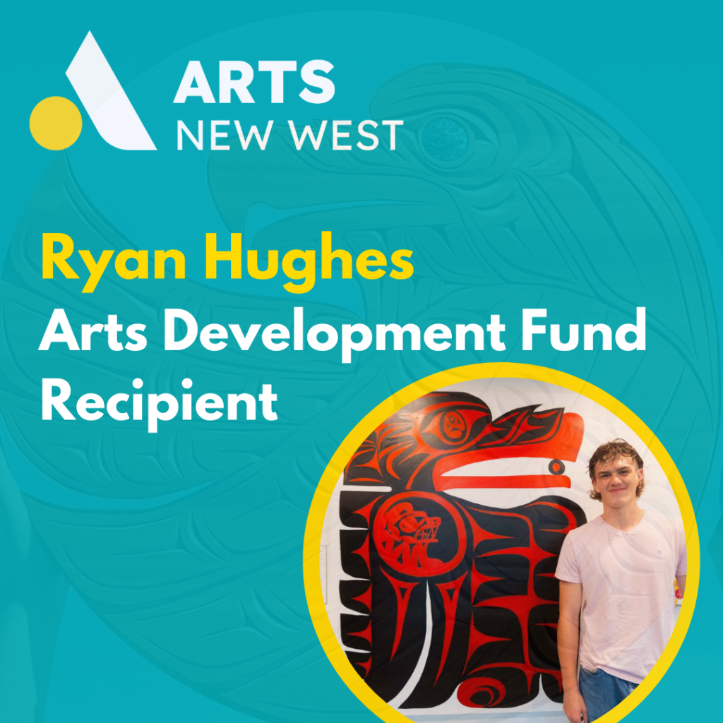 Ryan stands next to a red and black mural painted on a white wall. White and yellow text on a teal background reads: Ryan Hughs, arts development fun recipient