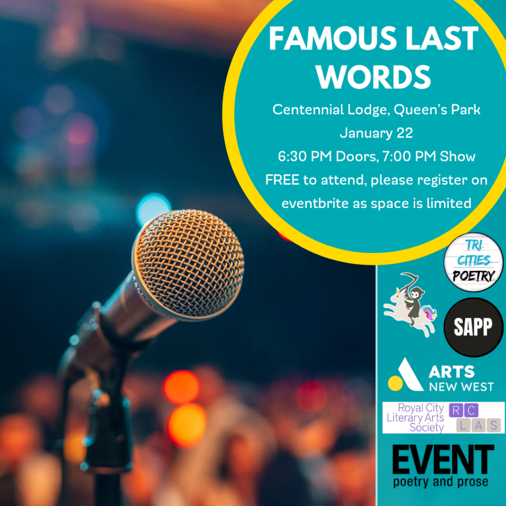 A microphone stands before out of focus orange lights. White words on a teal background reads: Famous Last Words. January 22, 6:30 PM.