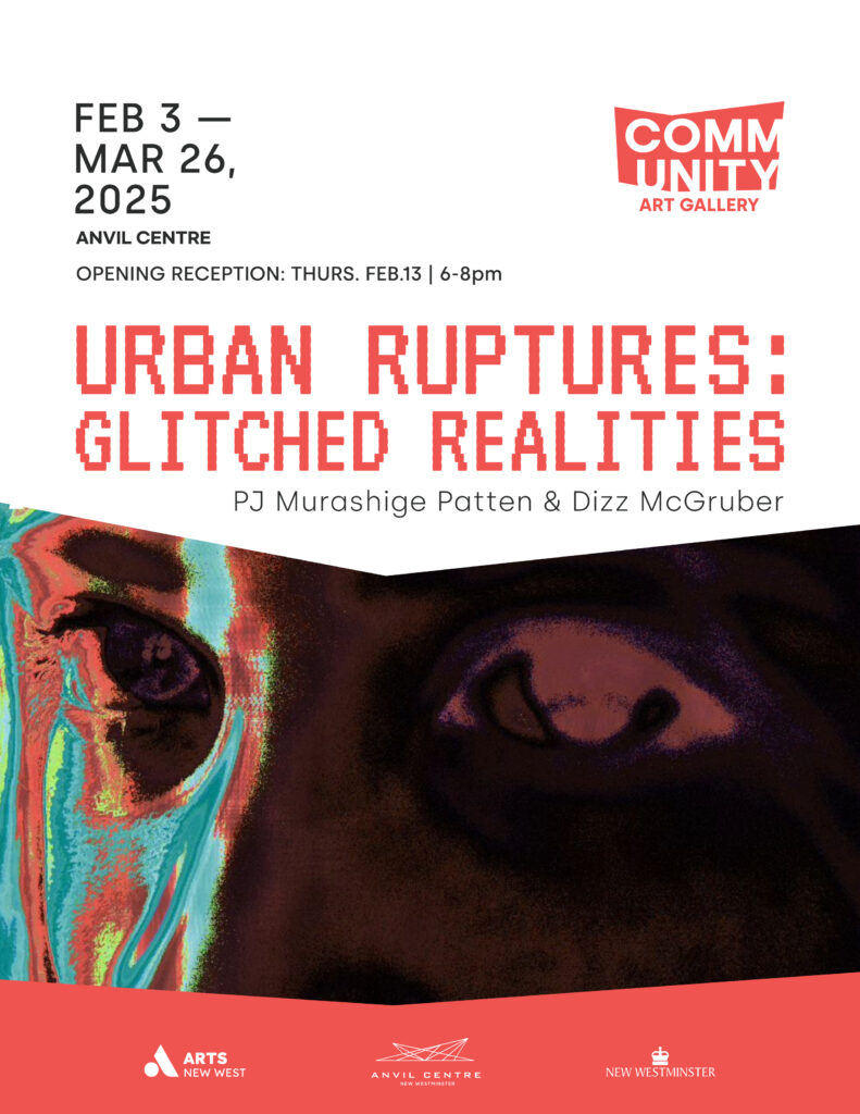 Am abstract digital rendering in deep red, bright teal and green. Red text on a white background reads: Urban Ruptures, Glitched Realities