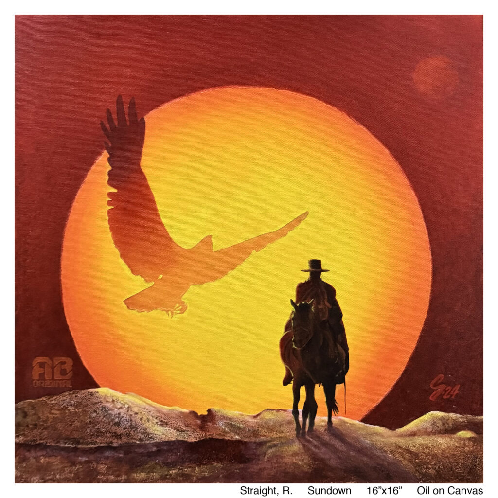 A cowboy sits astride a horse walking through a barred landscape as a blazing yellow sun sets with the silhouette of an eagle flies behind.