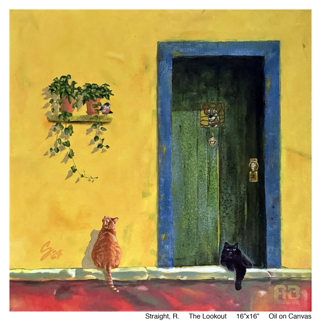 Two cats sit outside a green door along a yellow wall.