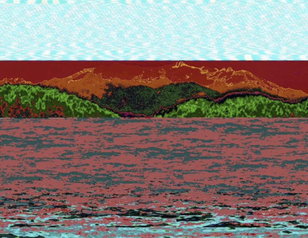 A digital glitched rendering of a landscape with bright blue, green, red and pink.