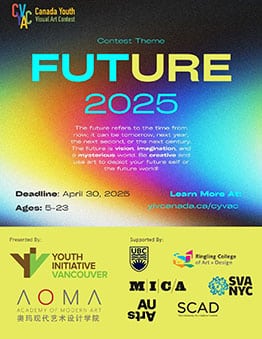 An array of rainbow colours with the words 'Future 2025' in teal and yellow. the canada youth visual contest logo is featured.